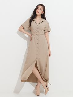 Editor's NotesThis long shirt dress is made from a cotton tencel blend. It is a long dress length that reaches to the ankle and forms a beautiful flexible silhouette from the shoulder to the sleeve line without incision on the shoulder, making it cool and comfortable to wear even in summer.- Dress with open collar accentuate the neckline and- Slim silhouette makes the upper body look slimmer- Dress that makes the overall line look longer- Roll-up sleeve cuffs hold the silhouette of the sleeves- Forms a cool and slim silhouette from the shoulder to the arms- The subtle luster of the real mother-of-pearl button adds a sense of luxury.Measurements(in.) 0 / 1 / 2- Length from center back: 15.35 in. / 15.75 in. / 16.14 in. - Chest: 15.16 in. / 15.35& Classic Summer Maxi Dress, Elegant Cotton Button-up Maxi Dress, Elegant Button-up Cotton Maxi Dress, Classic Maxi Dress For Spring Daywear, Summer Workwear Long Maxi Dress, Summer Workwear Maxi Dress, Long Summer Maxi Dress For Work, Elegant Linen Dresses With Spread Collar, Classic Beige Maxi Dress For Spring