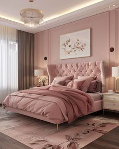 a bedroom with pink walls and furniture in the corner, along with a chandelier