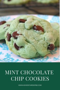 mint chocolate chip cookies on a blue and white plate with the words mint chocolate chip cookies