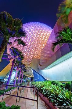 the spaceship building is lit up at night with palm trees and other plants around it