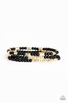 A dainty collection of black beads, shimmery gold cubes, and glistening gold accents are threaded along stretchy bands around the wrist, creating colorful layers. Sold as one set of three bracelets. P9DA-BKXX-111XX Gold Bracelet Set, Gold Bead Bracelets, Ball Necklace, Black Bracelets, Paparazzi Accessories, Paparazzi Jewelry, One Set, Silver Stars, Black Beads