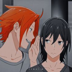 two anime characters one with red hair and the other with black hair looking at his ear