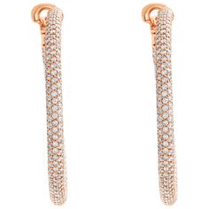 18k rose gold pave diamond hoop earrings with 6.90 carats in round brilliant G-H color, VS-SI clarity diamonds, hangs 1.6 inches, 3mm thick. Pave Hoop Earrings, Diamond Hoop Earrings, Round Brilliant Cut Diamond, Round Brilliant Cut, Brilliant Cut Diamond, Pave Diamonds, 18k Rose Gold, Vintage Earrings, Round Brilliant