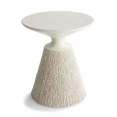 a white table with a round top on a white background, it appears to be made out of wood