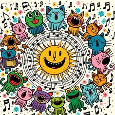 the sun surrounded by many cartoon cats and music notes