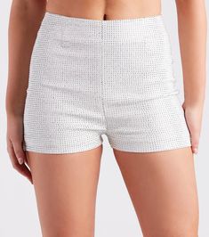 Blinged Out Babe Rhinestone Hot Shorts | Windsor Bar Closet, White Shorts Outfit, Spring And Summer Outfits, Metallic Heels, Hot Shorts, Short Outfits, Windsor, Woven Fabric, Womens Bottoms