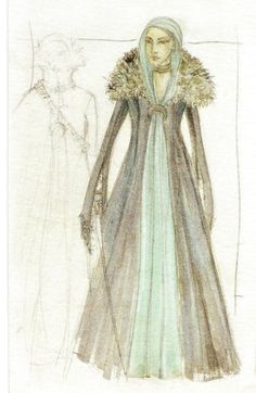 a drawing of a woman's dress with fur collar