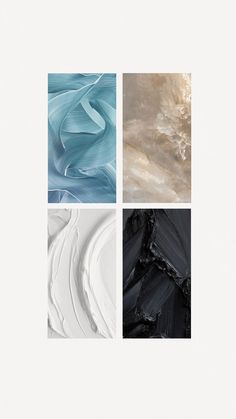 four abstract paintings in different shades of grey, white and black on a white background