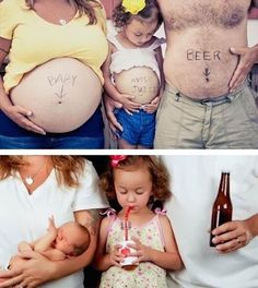 two pictures, one showing a pregnant woman and the other shows a baby holding a beer