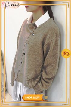 2 Colors Crew Neck Buttoned Elegant Solid Cardigans Beige Sweater With Button Closure For Layering, Trendy Beige Sweater For Workwear, Trendy Beige Sweater For Work, Beige Button-up Sweater For Work, Beige Casual Cardigan For Work, Casual Beige Cardigan For Work, Casual Brown Sweater For Work, Deep Gray, 2 Colours