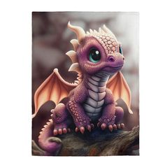 a small purple dragon sitting on top of a tree branch in front of a blurry background