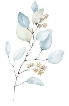 a watercolor painting of leaves and flowers on a white background