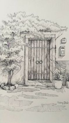 a pencil drawing of a gate and potted plants