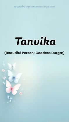 the words tanuka are written in black on a light blue background with pink butterflies