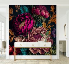 the wallpaper is decorated with colorful flowers and leaves, as well as a console table