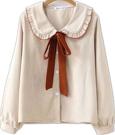 Cute Long Sleeve Blouse For School, Cute Collared Fall Shirt, Cute Cotton Fall Blouse, Cute Collared Shirt For Fall, Cute Ruffled Collar Tops For Fall, Casual Blouse With Doll Collar, Casual Blouse With Cute Collar For Fall, Cute Cream Long Sleeve Blouse, Cute Long Sleeve Cream Blouse