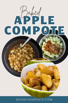 collage of ingredients, baked compote, and apple compote in dishes and on spoon. Apple Compote Recipe, Oven Baked Apple, Apple Topping, Easy Baked Apples, Apple Compote, Compote Recipe, Baked Apple, Easiest Apples, Delicious Pies