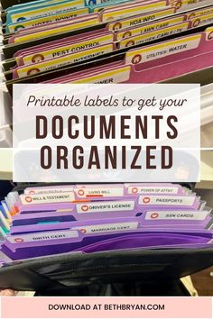 a pile of files with the title printable labels to get your documents organized