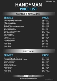 the handyman price list for plumbing and mechanical services in this black and white flyer