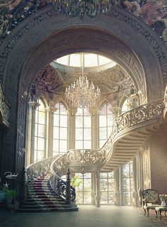 an ornate staircase and chandelier in a large room