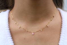 Gold Pink Necklace, Pendents Gold, Necklace 2023, Pink Gold Necklace, Simple Beaded Necklaces, October Birthstone Necklace, Pink Zircon, Blue Stone Necklace, Zircon Necklace