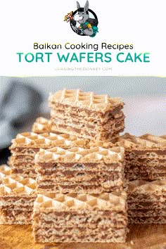 several pieces of cake sitting on top of a wooden cutting board with text overlay reading bali cooking recipes tort wafers cake