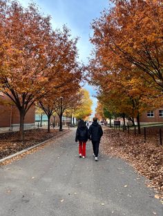 two people walking down the street in front of trees with orange and yellow leaves on them