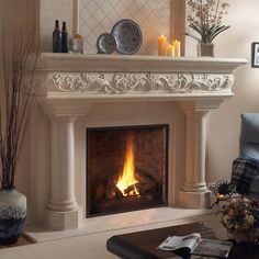 Shown in Natural Stone Finish Fireplace Farmhouse, Cast Stone Fireplace, Fireplace Stone, Stone Fireplace Mantel, Stone Mantel, Fireplace Mantel Shelf, Mantel Surround, Stone Fireplaces, Fireplace Shelves