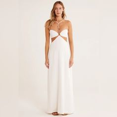 Relaxed Maxi Skirt With Fitted Bandeau Bra And Exposed Back, Featuring 3 Gold Rings At Neck And Adjustable Straps. Fully Lined. Chic White Backless Maxi Dress, White Halter Neck Dress With Cutout, White Backless Cutout Dress, White Cutout Backless Dress, Elegant Cutout Maxi Dress For Brunch, White Backless Dress For Brunch, White Cutout Beach Dress, Elegant White Cutout Dress, Elegant Beach Dress With Cutout Details