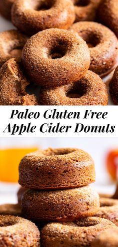 two pictures with different types of doughnuts stacked on top of each other and the words pale gluten free apple cider donuts above them