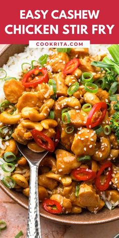 chicken stir fry in a bowl with rice and broccoli