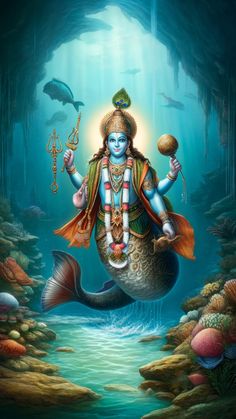 the hindu god sitting on top of a fish in front of a cave filled with water