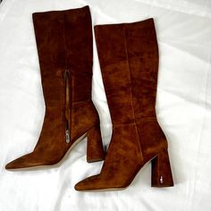 100% Leather Man Made Sole Sam Edelman Fashion Boot 100% Leather Knee High Boot Zipper Closure Providing Easy Wearability. Heel Height: 3.25 Inches Suede Knee-high Boots With Round Toe, Medium Width Suede Knee-high Boots With Round Toe, Brown Snip Toe Boots For Office, Suede Round Toe Boots For Office, Closed Toe Business Boots With Stacked Heel, Business Boots With Stacked Heel And Closed Toe, Office Boots With Branded Heel Counter For Fall, Fall Office Boots With Branded Heel Counter, High Heel Boots For Work