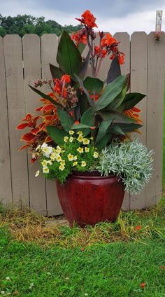 a large potted plant sitting on top of a grass covered field next to a wooden fence