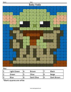 the baby yoda cross stitch pattern is shown in blue, green and brown colors