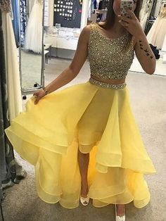 Yellow High Low Round Neck Two Pieces Beading Long Prom Dresses, Yellow Two Pieces Evening Dresses, Yellow Formal Dresses Yellow Formal Dresses, Yellow Formal Dress, Two Piece Evening Dresses, Yellow Homecoming Dresses, High Low Evening Dresses, High Low Prom Dress, Yellow Two Piece, Dresses Yellow, High Low Prom Dresses