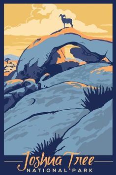 the joshua tree national park poster is shown in blue and orange colors, with an animal standing on top of a mountain