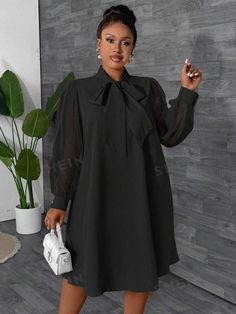 Style:Elegant \nSleeve Type:Bishop Sleeve \nDetails:Contrast Mesh \nHem Shaped:Flared \nDetails:Knot \nWaist Line:Natural \nNeckline:Tie Neck \nType:Tunic \nColor:Black \nPattern Type:Plain \nSleeve Length:Long Sleeve \nLength:Knee Length \nFit Type:Regular Fit \nFabric:Non-Stretch \nMaterial:Woven Fabric \nComposition:95% Polyester \nComposition:5% Elastane \nCare Instructions:Machine wash, do not dry clean \nSheer:No \n Plus Size Elegant, Tie Neck Dress, Bishop Sleeve, Dress Spring, Tie Neck, Style Elegant, Spring Dresses, Spring And Fall, Plus Size Dresses