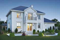 a white two story house with blue roof and shutters on the second floor is shown