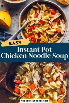 the instant pot chicken noodle soup is ready to be eaten and served in two bowls