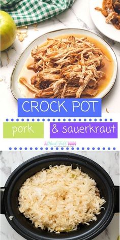 crock pot pork and sauerkraut in a slow cooker with text overlay