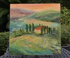 an acrylic painting of a house on a hill with trees and hills in the background