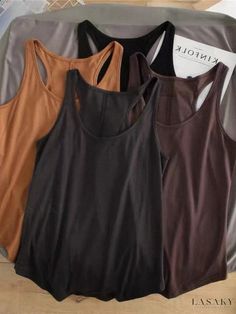 Lasaky - Loose Fit Sleeveless Solid Color Camisole for Layering Brown Summer Workout Tops, Solid Sleeveless Vest Tank Top, Brown Stretch Sleeveless Tank Top, Seamless Sleeveless Brown Top, Brown Sleeveless Workout Top, Brown Stretch Sleeveless Camisole, Brown Stretch Cami Tank Top, Brown Sleeveless Seamless Top, Brown Seamless Sleeveless Top