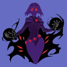 a drawing of a woman in purple with red eyes and an evil look on her face