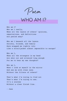 a blue screen with the words, poem who am i? in pink on it