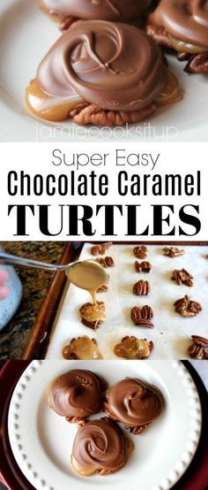 chocolate caramel turtle cookies on a plate with the words super easy chocolate caramel turtles