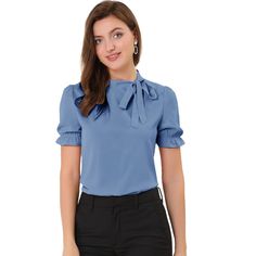 This relaxed fit blouse will compliment many body types to keep you looking best all the day. Soft woven poly shapes a gathered neck, straight-cut silhouette, framed by puffy short sleeves with elastic cuff. Your wardrobe is not complete without this elegant office shirt. Pair with high waist pants and heels for easy chic style. A sweetly bow tie details lends an elegant air to an everyday top. Size: small. Color: blue. Gender: female. Age Group: adult. Pattern: Solid. Material: Polyester. Tie Neck Shirt, Bow Tie Blouse, Elegant Office, Tie Neck Tops, Fitted Blouses, Tie Neck Blouse, Work Wear Women, Tie Blouse, Work Tops