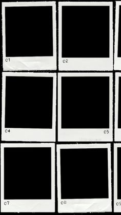 six white polaroid frames are arranged in the shape of squares on a black background