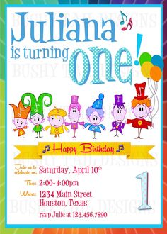 a birthday party with cartoon characters on the front and back of it, including an image of