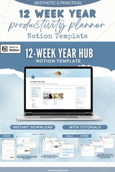 The Notion 12-Week Year Hub by The Quadra Nook helps break down annual goals into 12-week chunks. Track progress, celebrate victories, and adjust with a vision section, goal map, action plan, and reviews. Goal Map, Annual Goals, Goal Mapping